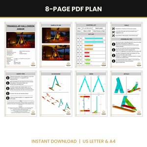 May include: An 8-page PDF plan for a triangular Halloween arbor, featuring a shopping list, cut list, tools, assembly tips, safety tips, 3D diagrams, and detailed views. The document includes visual examples of the finished wooden structure.