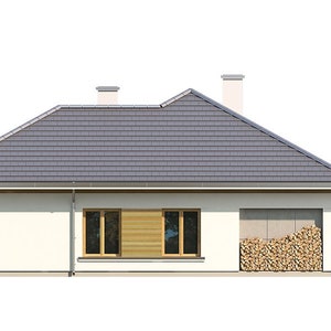 A side view of a contemporary house, showcasing a sloping roof, large windows, and a wood storage area, perfect for small cabin plans or cottage house plans.