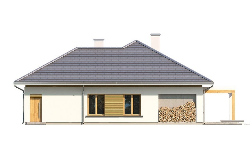 A side view of a contemporary house, showcasing a sloping roof, large windows, and a wood storage area, perfect for small cabin plans or cottage house plans.