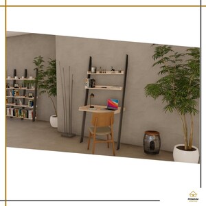 May include: A ladder-style desk with a light wood finish and dark frame, featuring two upper shelves for storage, a flat work surface, and a matching light wood chair with a curved backrest. The desk holds a laptop and a small lamp.