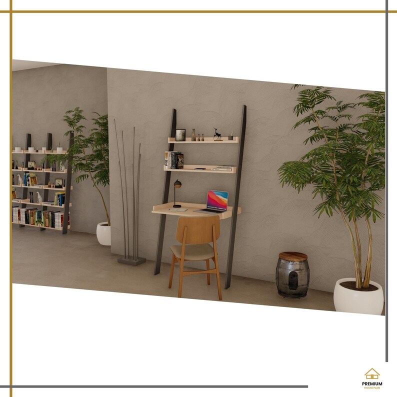 May include: A ladder-style desk with a light wood finish and dark frame, featuring two upper shelves for storage, a flat work surface, and a matching light wood chair with a curved backrest. The desk holds a laptop and a small lamp.