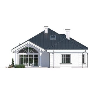 May include: A single-story house with white exterior walls and a dark gray pitched roof. The front features a large arched window with white framing, a rectangular window with a grid pattern, and two white chimneys extending from the roof.