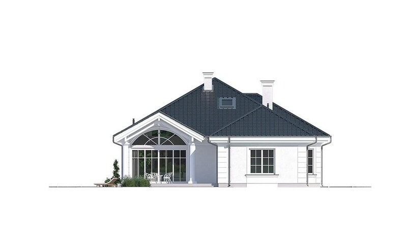 May include: A single-story house with white exterior walls and a dark gray pitched roof. The front features a large arched window with white framing, a rectangular window with a grid pattern, and two white chimneys extending from the roof.