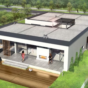 Rear perspective of a Scandinavian-inspired home with a spacious patio. Ideal for modern floor plans with functional outdoor spaces.