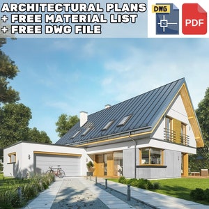 Modern house design with a sloped metal roof, wooden accents, large windows, and a garage. Perfect for custom home plans, modern house blueprints, or cottage designs. Ideal for architectural plans, frame houses, or modern ranch-style homes.