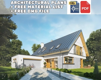 May include: A white and grey modern house with a blue roof and a garage. The house has a large front garden with green grass and trees. The house has a driveway leading to the garage. The image includes the text "ARCHITECTURAL PLANS + FREE MATERIAL LIST + FREE DWG FILE" and the logos "DWG" and "PDF".