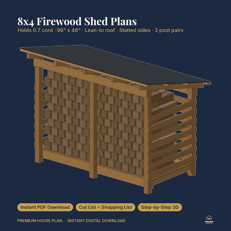 Firewood Shed Plans 8x4 | 0.7 Cord Wood Shed with Lean-To Roof and Slatted Sides | DIY Firewood Storage Rack Building Plans, PDF Download image 6