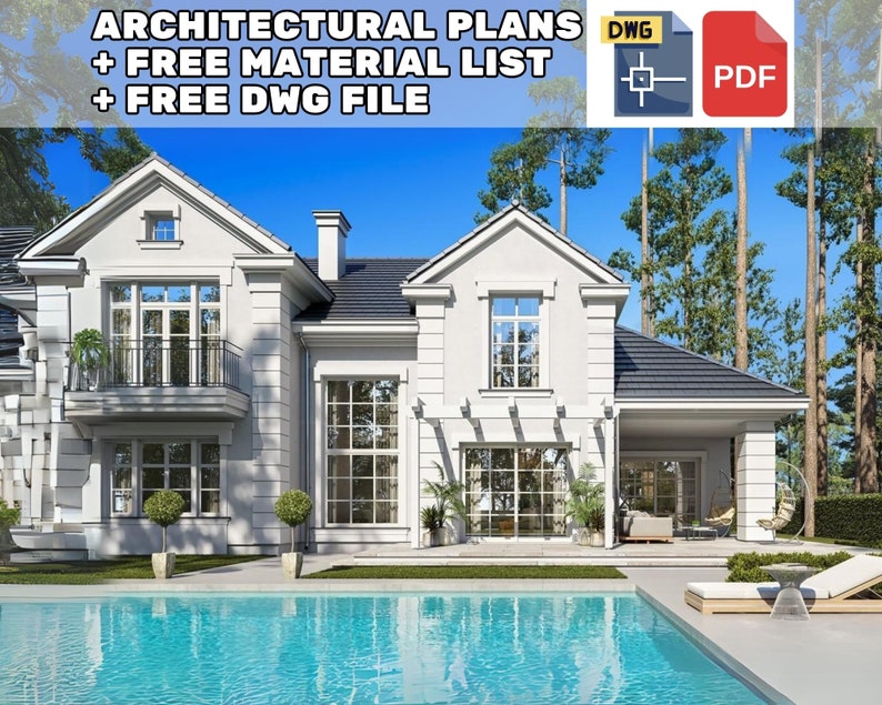 Modern house blueprint with detailed architectural plans, free material list, and DWG files. Elegant two-story design, perfect for cottage house plans or contemporary layouts with a poolside view.