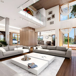 Bright and open living room with high ceilings, modern furniture, and large windows. Part of a contemporary house plan for luxurious living.