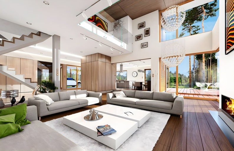 Bright and open living room with high ceilings, modern furniture, and large windows. Part of a contemporary house plan for luxurious living.