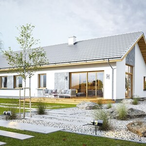 Side view of a modern Scandinavian home with a gray gable roof, white walls, and a lush green forest background. Perfect for showcasing cottage house plans, modern villa layouts, or small cabin inspirations.
