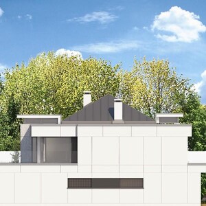 May include: Modern white house with a flat roof and a dark gray roof section. The house has a large window and a rectangular vent. Lush green trees and a blue sky with clouds are in the background.