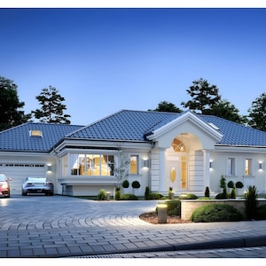 Elegant modern house plans featuring a luxury single-story design with a garage and spacious driveway. Includes detailed house blueprints and floor plans for a sophisticated and functional home. Perfect for custom builds and architectural inspiration