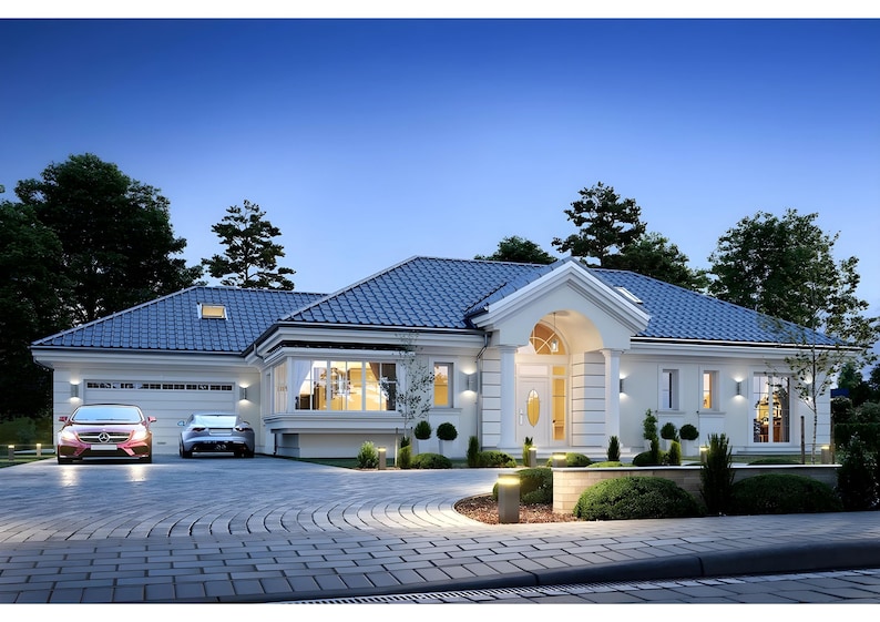 Elegant modern house plans featuring a luxury single-story design with a garage and spacious driveway. Includes detailed house blueprints and floor plans for a sophisticated and functional home. Perfect for custom builds and architectural inspiration