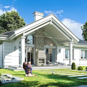 Rear View of a Modern Villa with a Garden – A scenic view of a villa with large glass doors leading to the backyard. Ideal for barndominium plans, modern house plans, and cottage house plans.