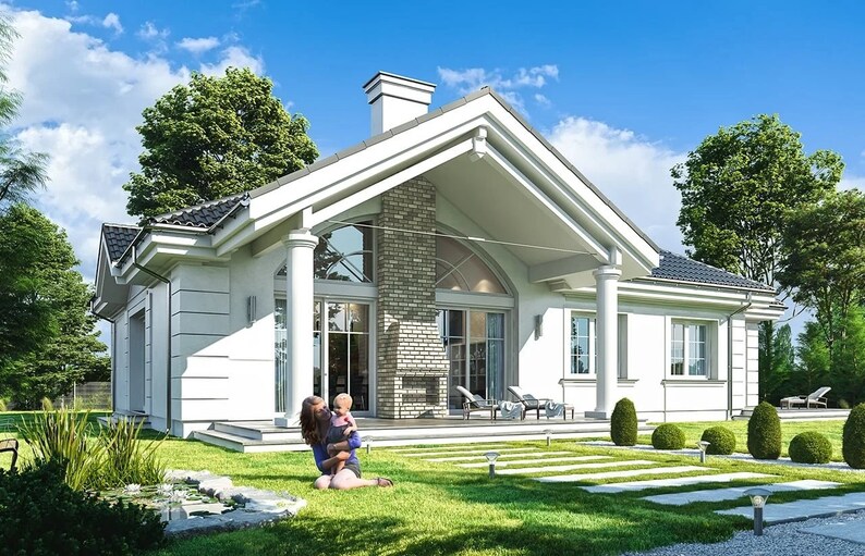 Rear View of a Modern Villa with a Garden – A scenic view of a villa with large glass doors leading to the backyard. Ideal for barndominium plans, modern house plans, and cottage house plans.