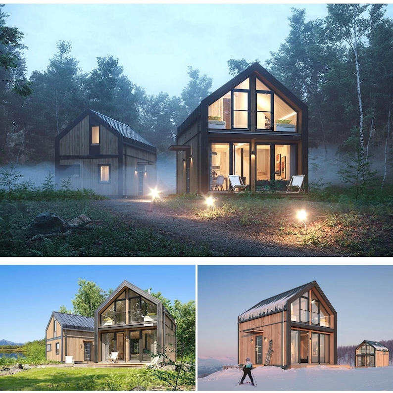 Modern cabin designs in various settings: a misty forest, a lush green landscape, and a snowy mountain. Featuring large glass windows, pitched roofs, and warm interiors, these homes blend contemporary style with nature.