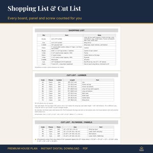 May include: A digital document titled Shopping List & Cut List containing tables for lumber, plywood, and hardware. It lists quantities, dimensions in inches and centimeters, and part names for a construction project, including notes on assembly.