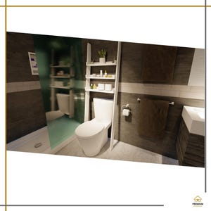 May include: A white ladder-style shelving unit positioned over a white toilet in a bathroom with dark horizontal wall tiles. The shelves hold small containers, a potted plant, and white rolls. A brown towel hangs on a wall-mounted rack.