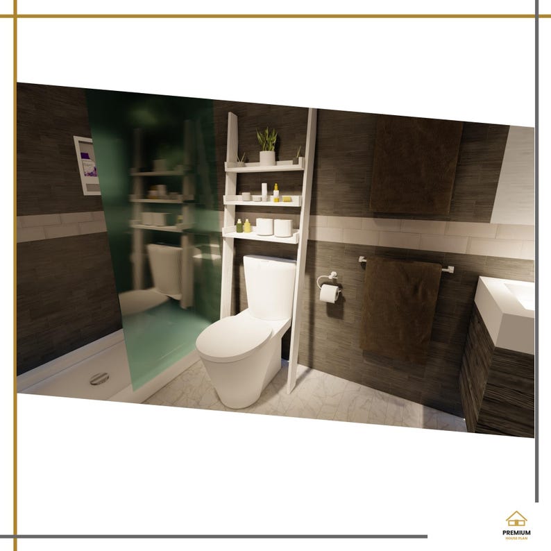 May include: A white ladder-style shelving unit positioned over a white toilet in a bathroom with dark horizontal wall tiles. The shelves hold small containers, a potted plant, and white rolls. A brown towel hangs on a wall-mounted rack.