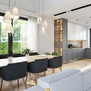 Dining and Kitchen Area:
;Open-plan dining area with a sleek table, elegant chairs, and a contemporary kitchen featuring minimalist cabinetry and modern lighting.
