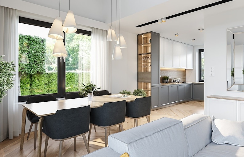 Dining and Kitchen Area:
;Open-plan dining area with a sleek table, elegant chairs, and a contemporary kitchen featuring minimalist cabinetry and modern lighting.