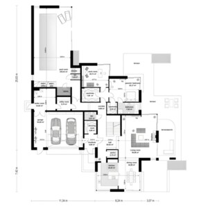 Detailed ground floor plan featuring a modern layout with a garage, multiple bedrooms, open living spaces, and terraces. Perfect for architectural projects and customizable modern house plans. Includes precise dimensions for efficient construction.