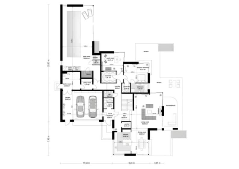 Detailed ground floor plan featuring a modern layout with a garage, multiple bedrooms, open living spaces, and terraces. Perfect for architectural projects and customizable modern house plans. Includes precise dimensions for efficient construction.