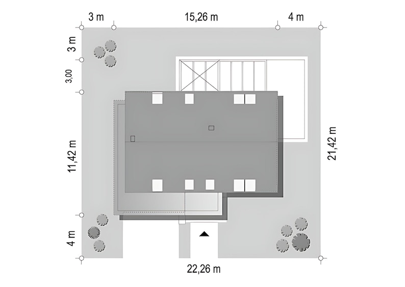 Site plan showcasing the layout of a modern house with precise dimensions and landscaping details. Ideal for house blueprint designs and architectural planning.