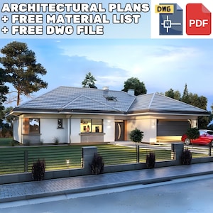 Modern single-story house with a spacious garage, sleek rooflines, and a minimalist fence. Ideal for contemporary house plans and townhouse plans enthusiasts.
