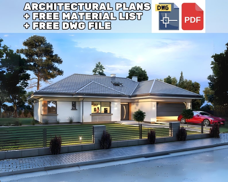 Modern single-story house with a spacious garage, sleek rooflines, and a minimalist fence. Ideal for contemporary house plans and townhouse plans enthusiasts.