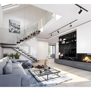 Open-plan living area with a modern staircase, fireplace, and stylish decor. Perfect for showcasing modern house plans and floor plans.