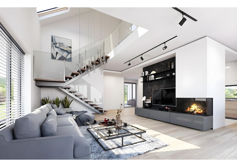 Open-plan living area with a modern staircase, fireplace, and stylish decor. Perfect for showcasing modern house plans and floor plans.