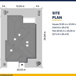 May include: A site plan diagram showing a house footprint on a plot. Text reads SITE PLAN, House 13.55 m x 21.09 m (44.5 ft x 69.2 ft), and Plot 20.55 m x 29.09 m (67.4 ft x 95.4 ft). The layout includes various dimensions in meters.