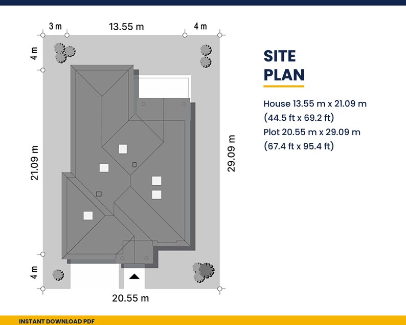 May include: A site plan diagram showing a house footprint on a plot. Text reads SITE PLAN, House 13.55 m x 21.09 m (44.5 ft x 69.2 ft), and Plot 20.55 m x 29.09 m (67.4 ft x 95.4 ft). The layout includes various dimensions in meters.
