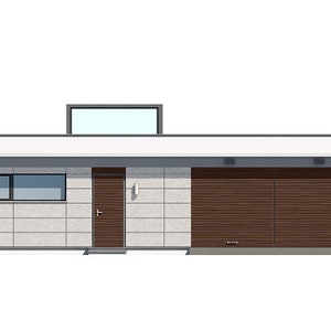 Front elevation of a contemporary flat-roof home with a clean, minimalist facade. Ideal for house plan modern projects.