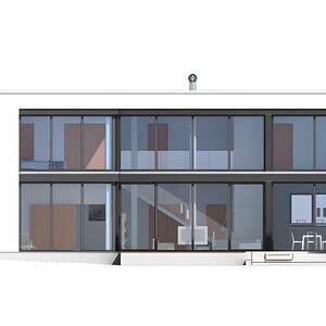 May include: Modern two-story house with large glass windows and a flat roof. The facade is primarily white with dark window frames. Interior details are visible through the windows, including furniture and staircases. A minimalist architectural design.