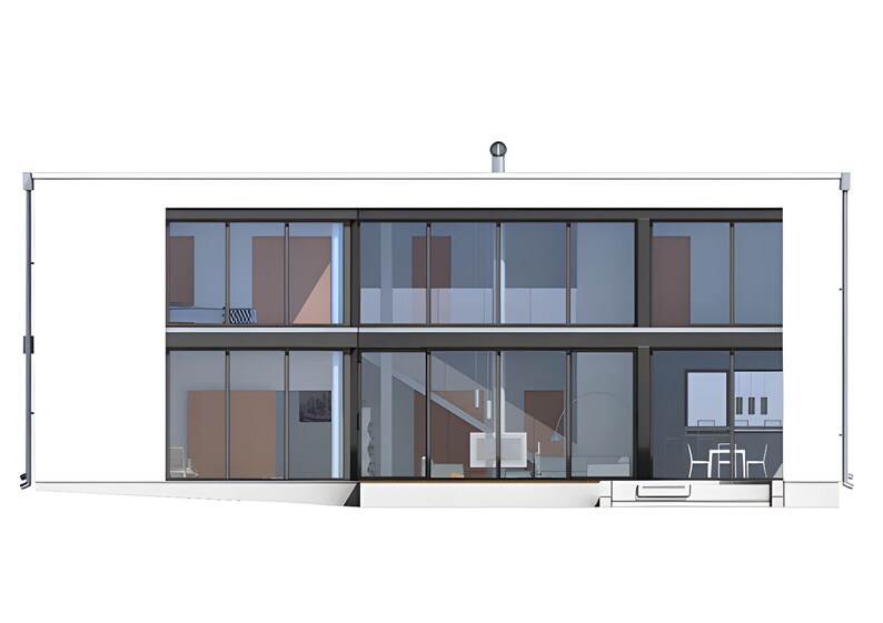 May include: Modern two-story house with large glass windows and a flat roof. The facade is primarily white with dark window frames. Interior details are visible through the windows, including furniture and staircases. A minimalist architectural design.