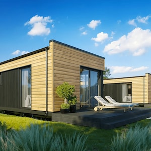 Stylish modern house plans with modular wooden designs, large glass windows, and open deck spaces. Perfect for tiny home plans, cottage house plans, or small cabin plans with customizable floor layouts for flexible living solutions.