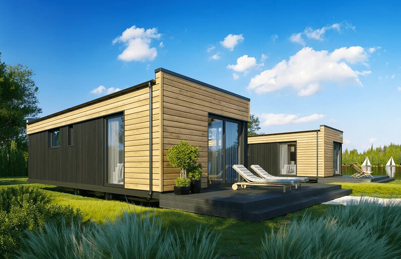 Stylish modern house plans with modular wooden designs, large glass windows, and open deck spaces. Perfect for tiny home plans, cottage house plans, or small cabin plans with customizable floor layouts for flexible living solutions.