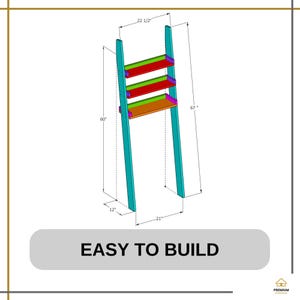 May include: A teal ladder shelf with three shelves in red, green, and orange, featuring purple accents. Technical drawing includes dimensions: 67 inches high, 22 1/2 inches wide, 60 inches tall, 21 inches wide, and 12 inches deep. Text reads EASY TO BUILD.