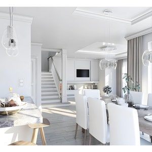 Bright and airy modern Scandinavian-style dining area with a marble countertop, white chairs, and elegant lighting. Suitable for Scandinavian house plans and modern house plans.