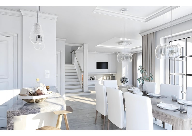 Bright and airy modern Scandinavian-style dining area with a marble countertop, white chairs, and elegant lighting. Suitable for Scandinavian house plans and modern house plans.