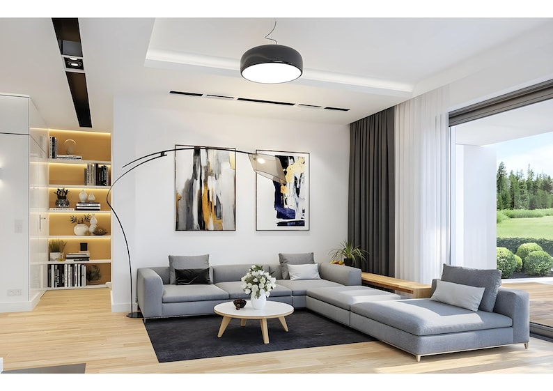 Bright and airy living space with large windows and Scandinavian-style decor, ideal for those exploring plan maison or small cabin plans.