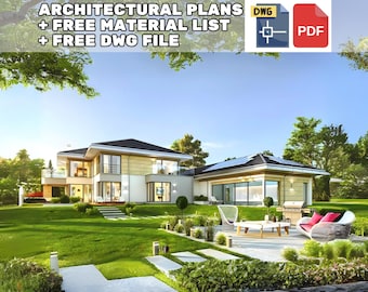 Könnte beinhalten: Ein modernes, zweistöckiges Haus mit einem großen Garten. Das Haus hat ein Flachdach und eine hellgelbe Fassade. Der Garten verfügt über eine Terrasse mit Möbeln und einem Grill. Das Haus ist von Bäumen und Gras umgeben.