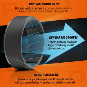 Pode incluir: Um anel de silicone cinza-escuro com ranhuras internas tipo cano de arma para ventila&ccedil;&atilde;o e bordas chanfradas. O texto RIFLD est&aacute; gravado na banda interna. A imagem inclui r&oacute;tulos para UNRIVALED DURABILITY, GUN BARREL GROOVES e SMOOTH AESTHETIC.