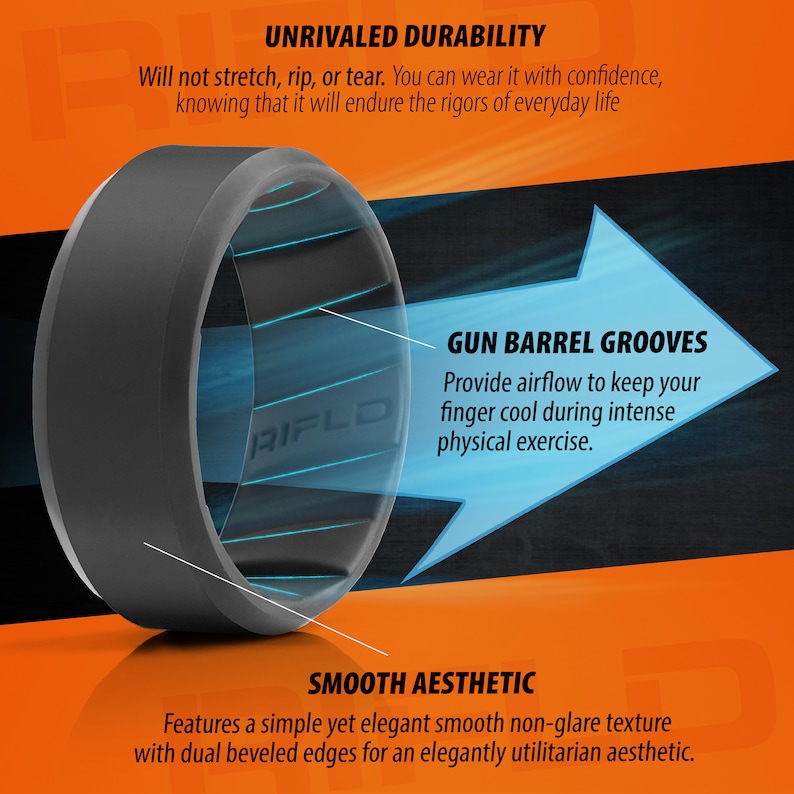 Pode incluir: Um anel de silicone cinza-escuro com ranhuras internas tipo cano de arma para ventila&ccedil;&atilde;o e bordas chanfradas. O texto RIFLD est&aacute; gravado na banda interna. A imagem inclui r&oacute;tulos para UNRIVALED DURABILITY, GUN BARREL GROOVES e SMOOTH AESTHETIC.