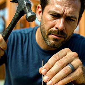 Pode incluir: Um martelo de metal cinza-escuro segurado sobre um prego prateado fino posicionado verticalmente numa t&aacute;bua de madeira clara. O martelo tem um acabamento texturizado e desgastado na cabe&ccedil;a e um cabo escuro, o prego &eacute; reto e fino.