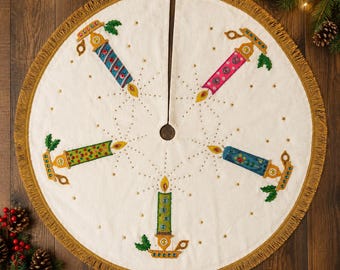 Vintage Handmade Felt Christmas Tree Skirt 44” Jeweled Candles Gold Fringe Folk Art