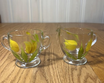Vintage Bartlett Collins Floral Creamer & Sugar Bowl Glass Set Yellow 1950s